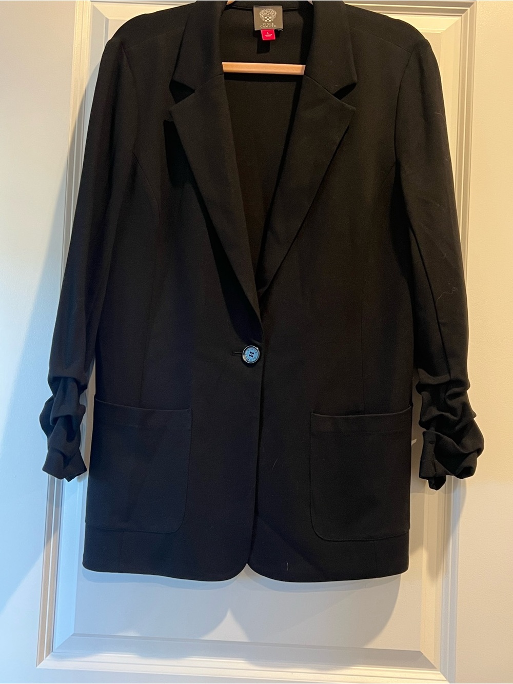 Vince Camuto Black Single-Button Blazer with Ruched Sleeves